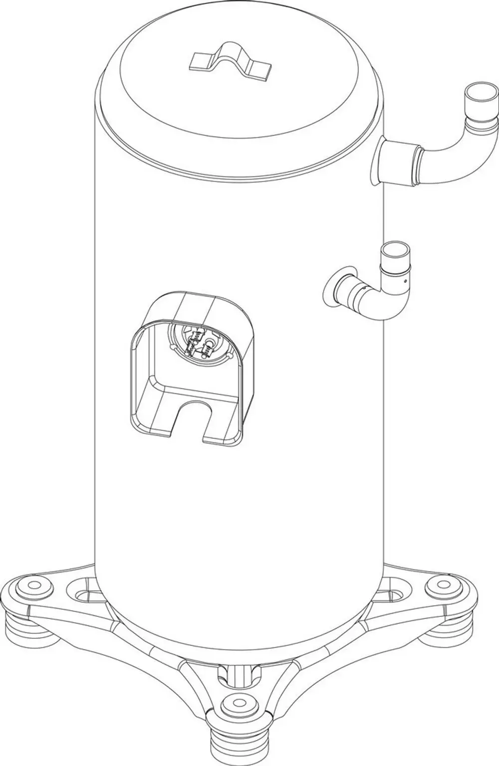 Bosch Kompressor mit zylindrischer Form, ausgestattet mit einem Deckel, Anschlussleitungen und einer Halterung am Boden.